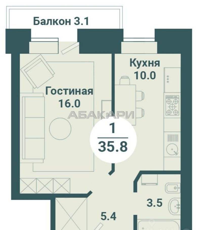 1к квартира Соколовская ул., 54 13/14 - 35кв | 12000 | аренда в Красноярске фото 0
